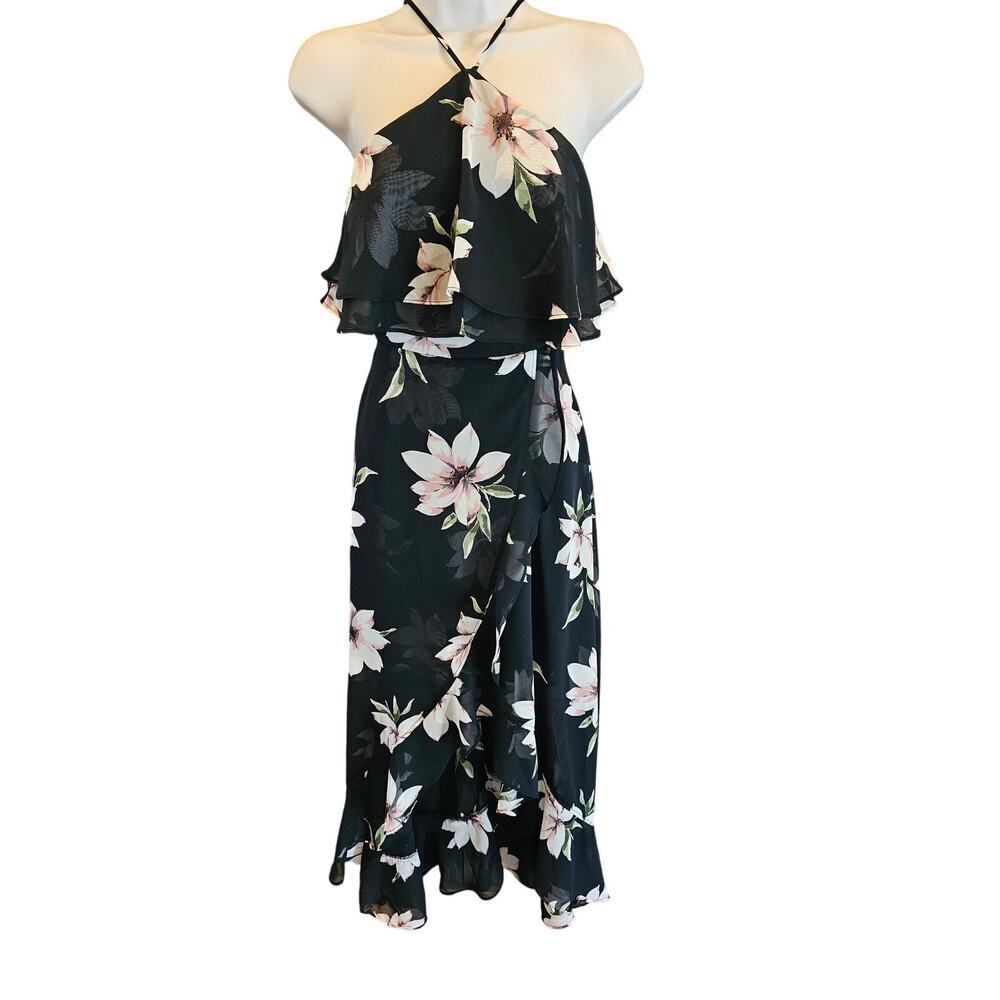 Divine Desire Black Floral Print Halter Midi Dress XS  formal 1/2 lined flirty